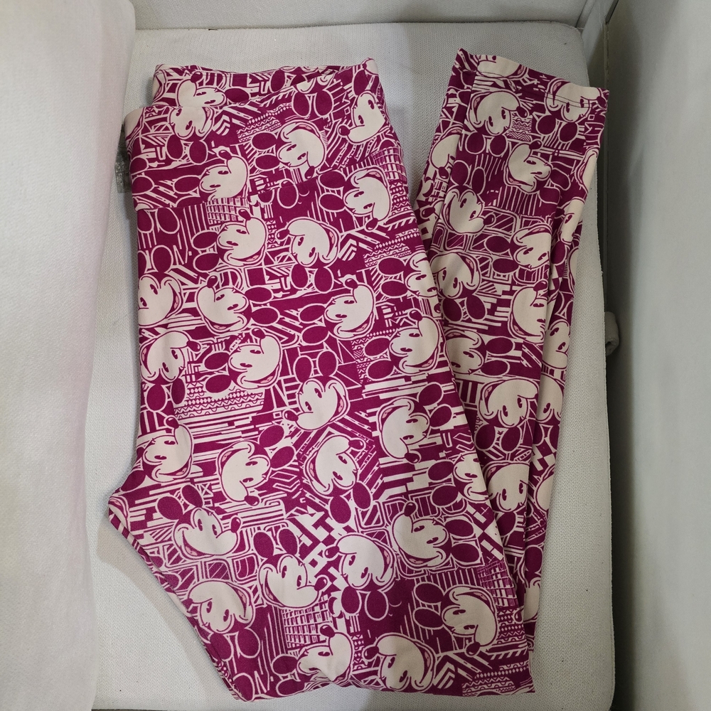 LuLaRoe Mickey Mouse Fuchsia and Cream Leggings TC